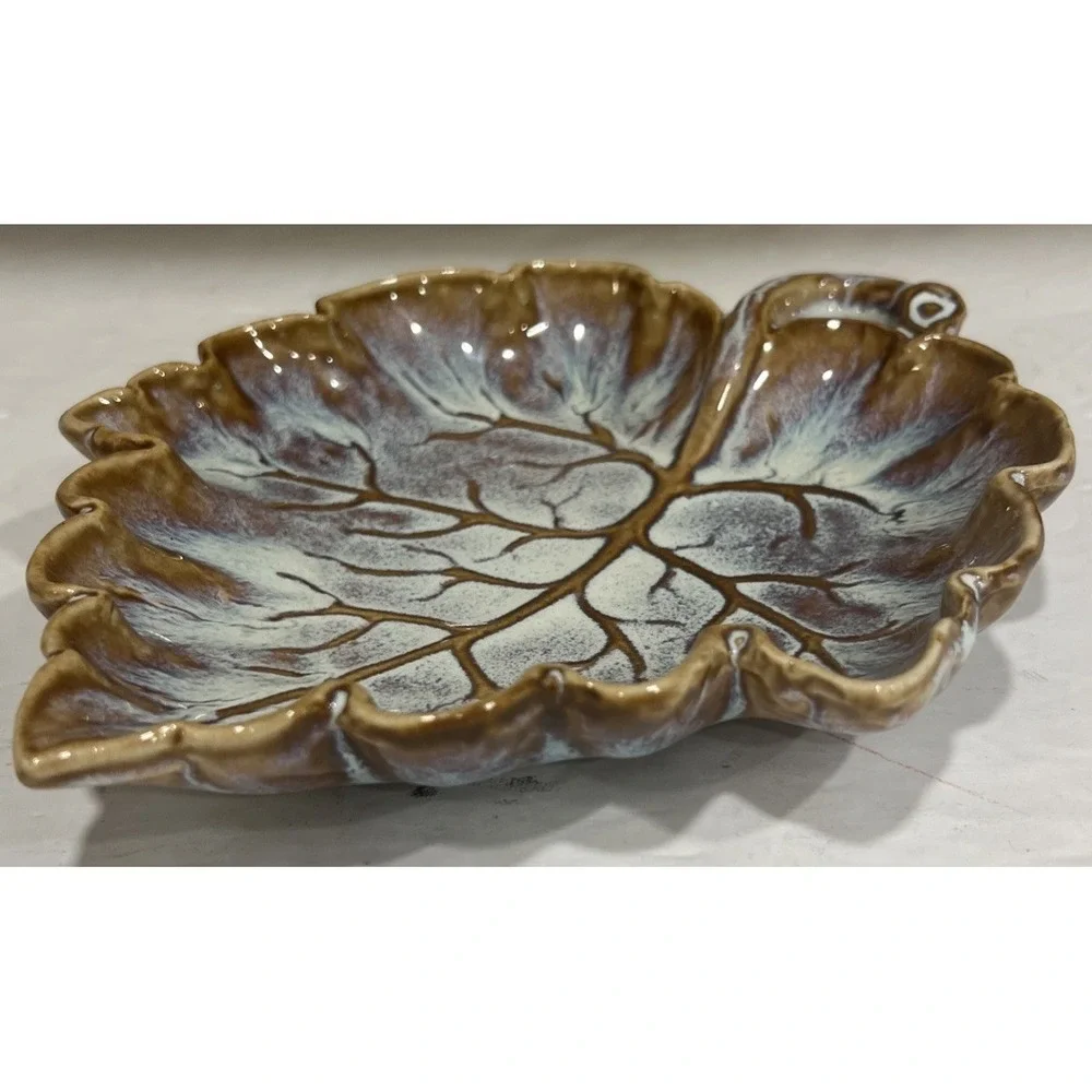 Vintage Woodland Drip Glaze Art Pottery Leaf Serving‎ Tray Trinket White Brown
